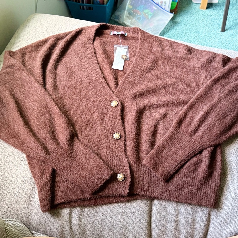 Urban Outfitters Brown Fuzzy Knit V-Neck Button Front Cardigan Sweater Large NWT